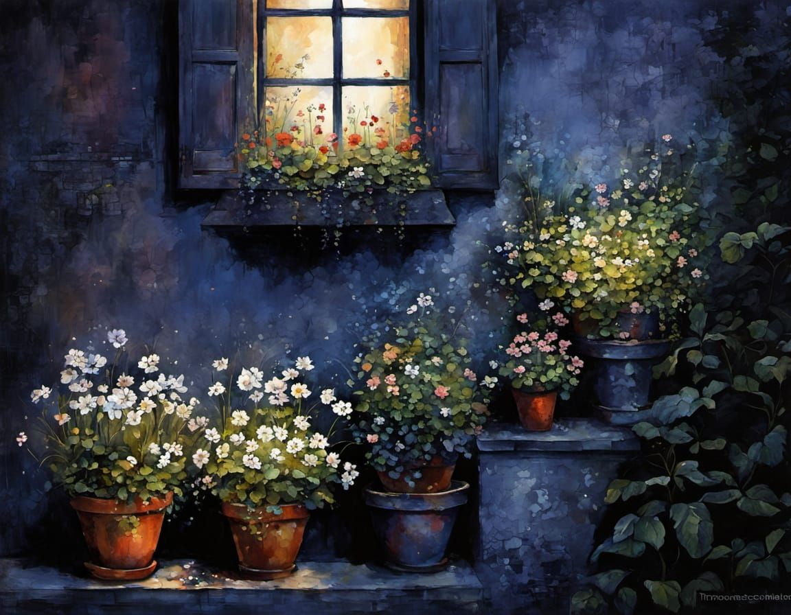 Girl Enchanted by Blooming Flower Pots in Urban Night