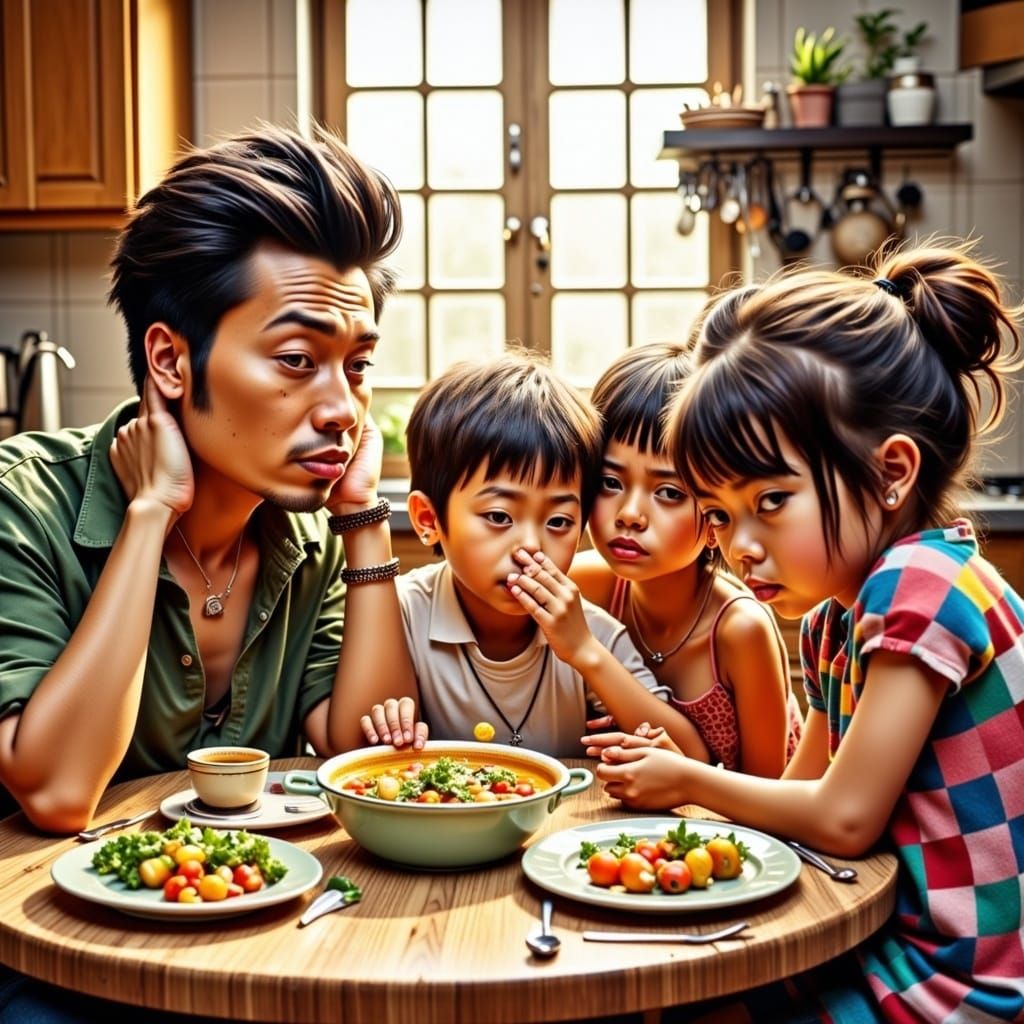 Family Rejects Over-Salted Soup in Cozy Kitchen