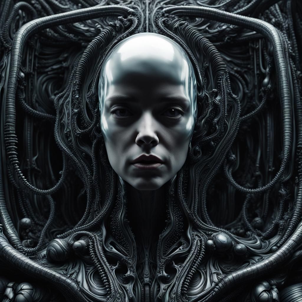 HR Giger Style Alien Portrait with 3D Interface