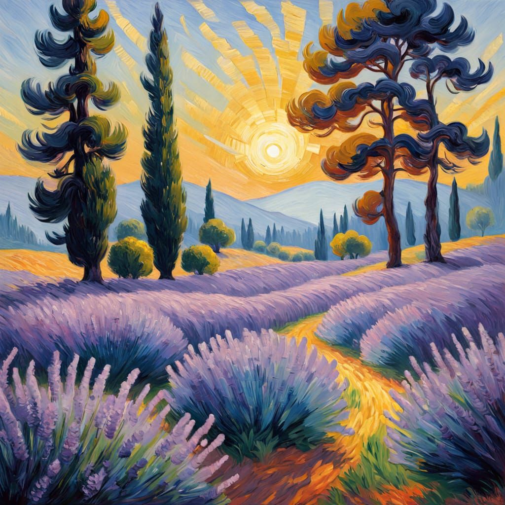 Impressionistic Landscape with Lavendula and Cypress Trees