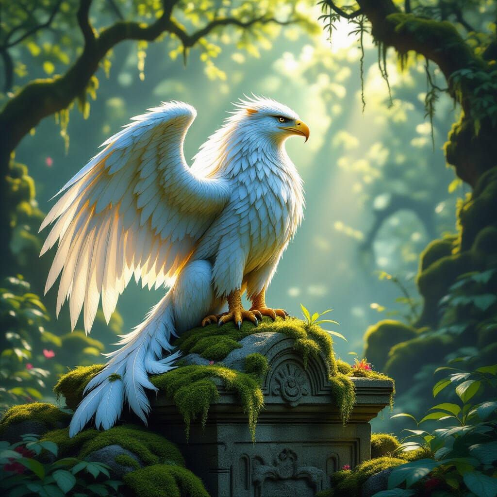 Majestic Griffin on Ancient Ruin in Mystical Forest