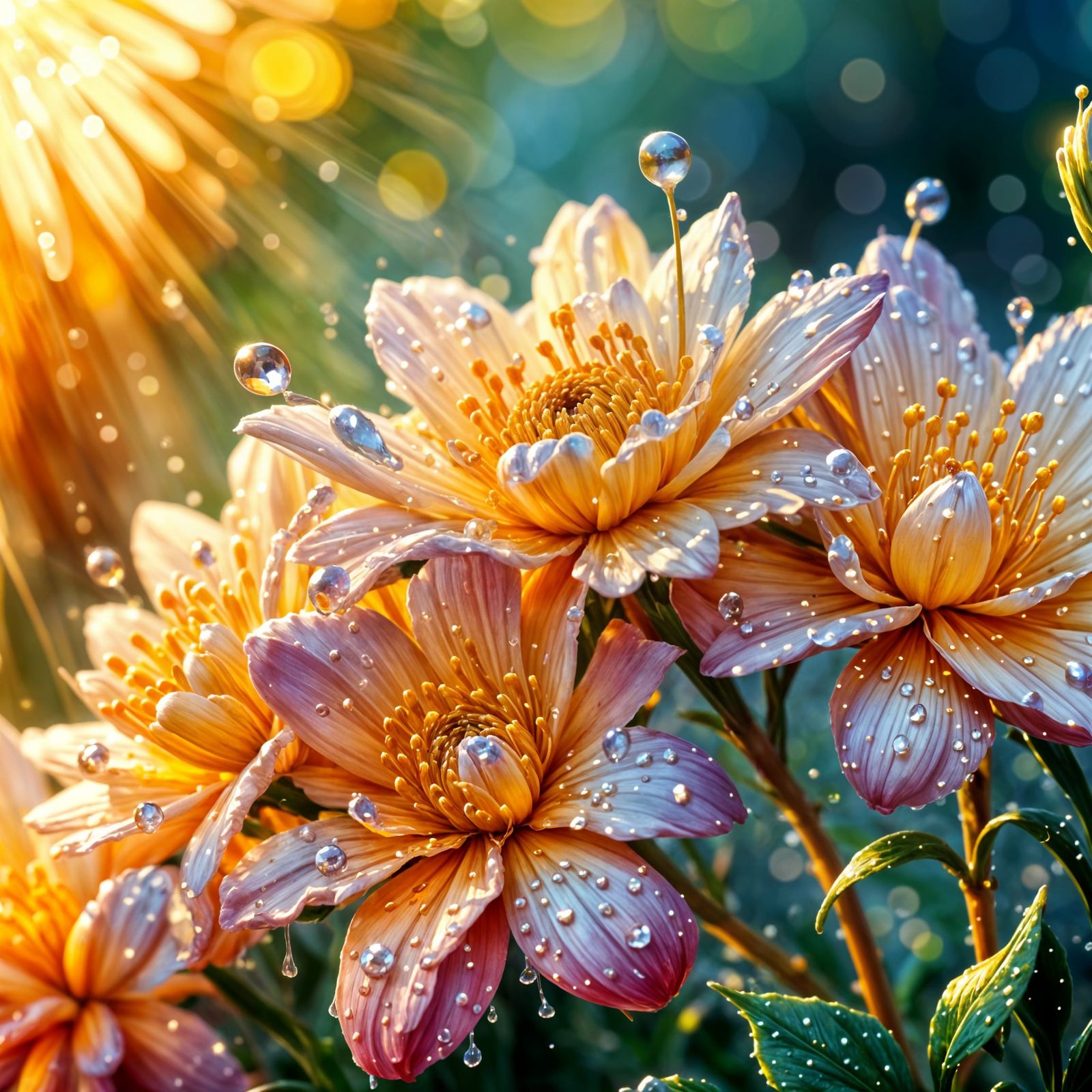 Detailed Flowers Covered in Dewdrops at Golden Hour