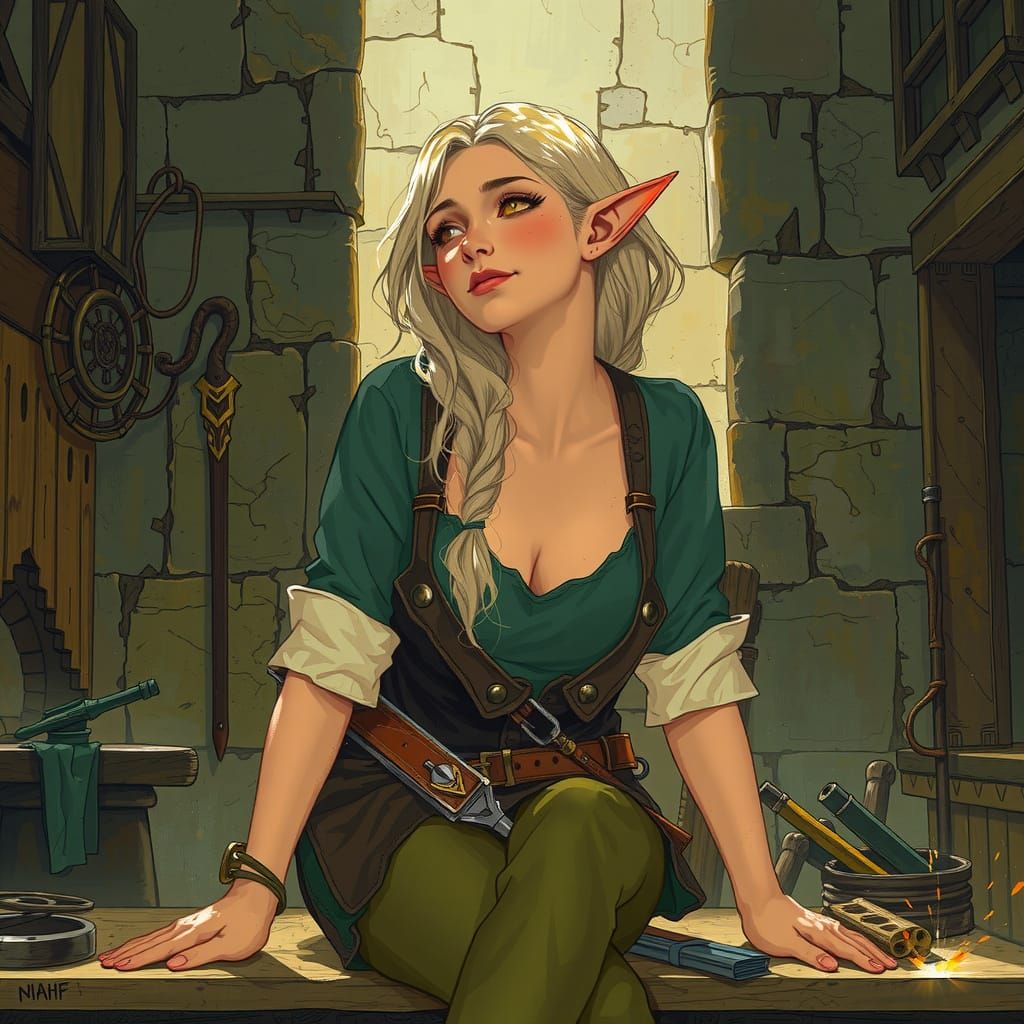 Dark Fantasy Elf Blacksmith in a Rebecca Guay-Inspired World