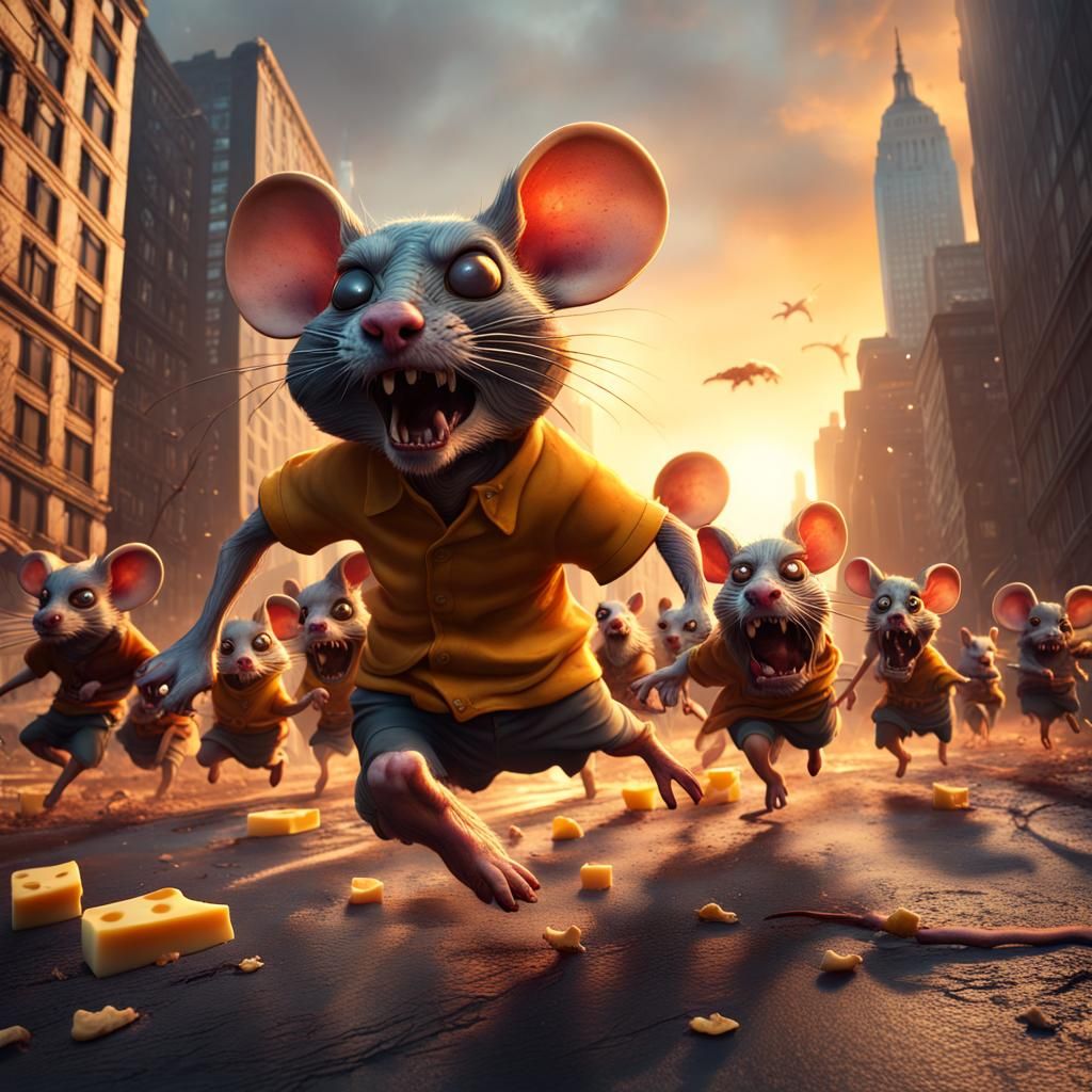 Cheese Slice Running from Zombie Mice Horde