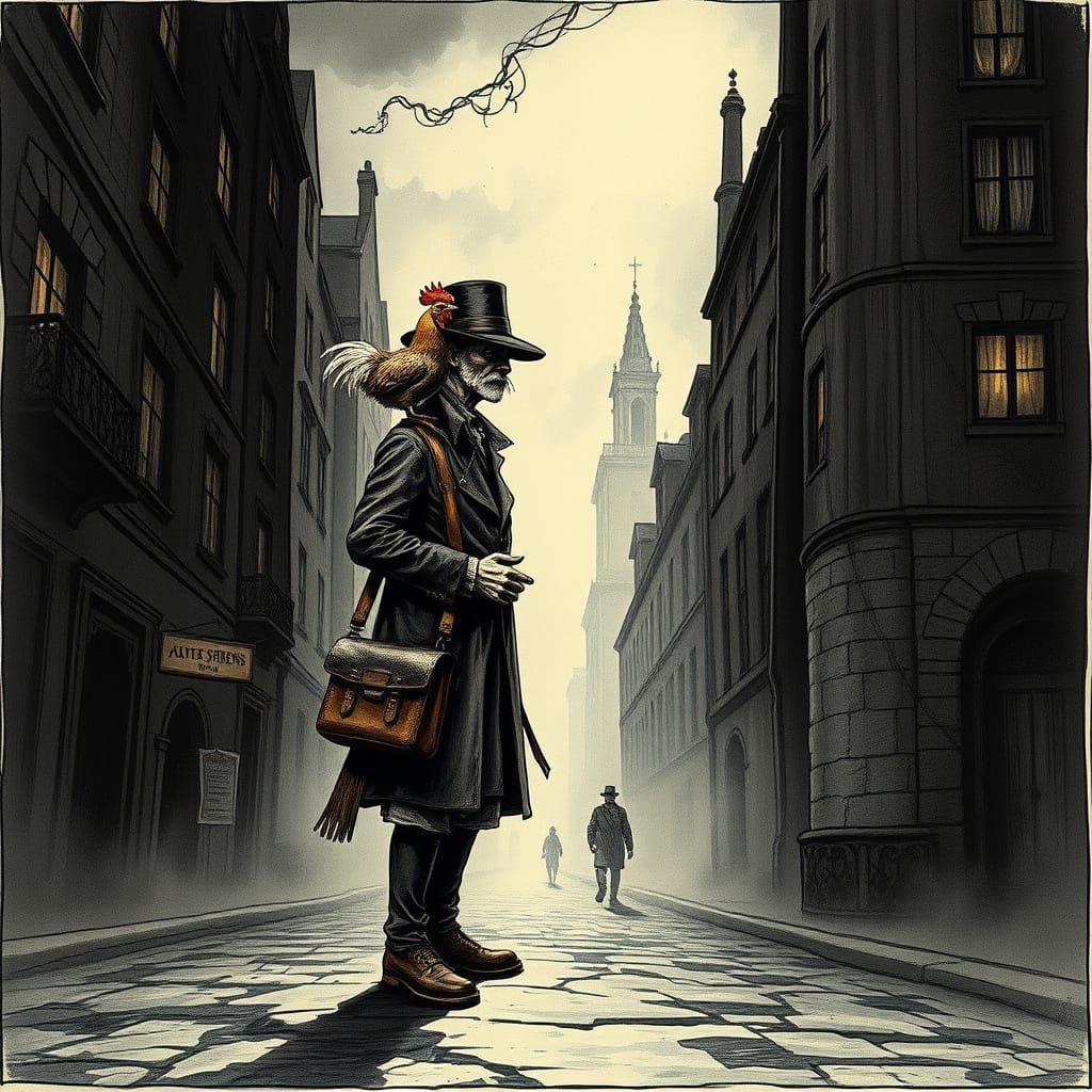 Mysterious Victorian Courier with a Haunted Chicken Companio...
