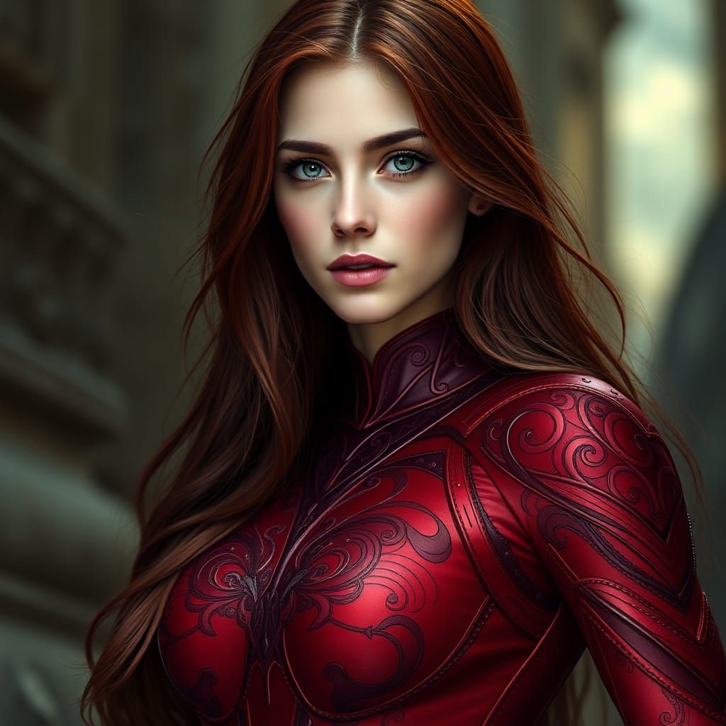 Confident Woman in Crimson Superhero Suit