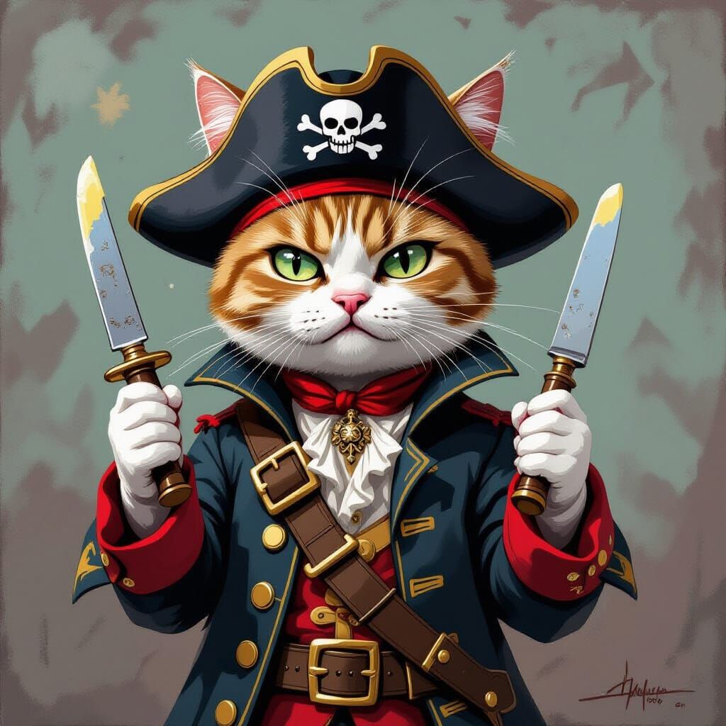 Angry Pirate Cat with Spyglass in Abstract Art Style