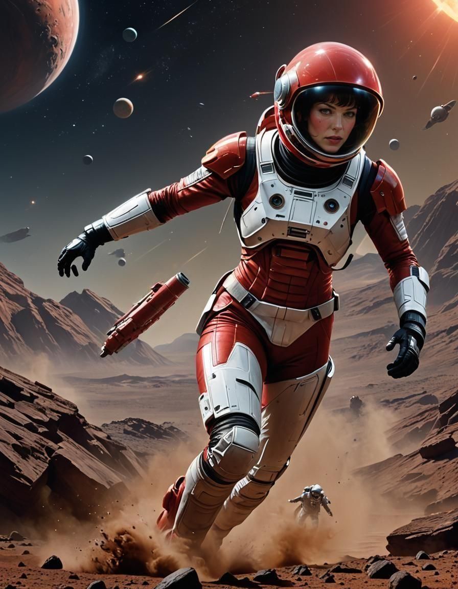 Sci-Fi Action Still: Woman in Spacesuit on Asteroid