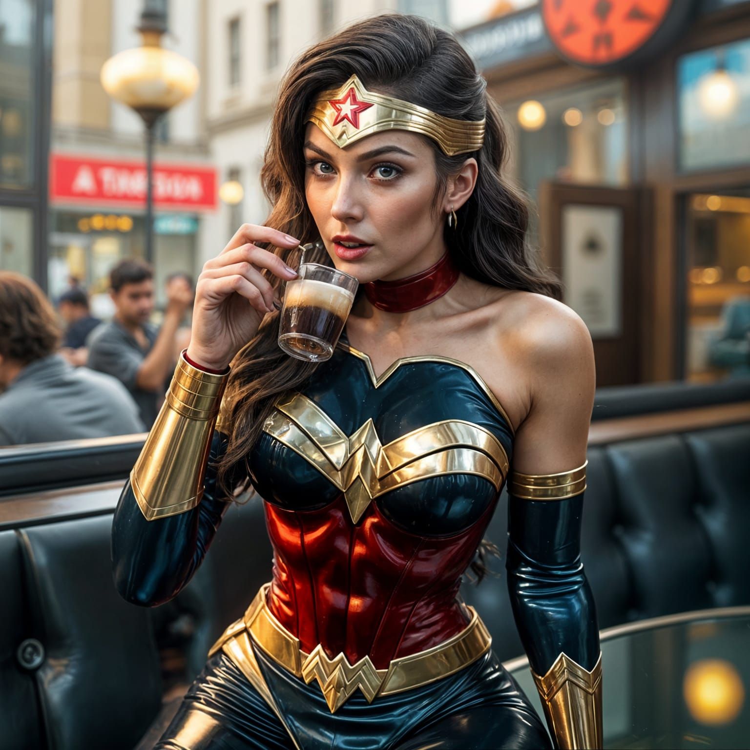 Hyperrealistic Woman in Latex Drinking Espresso