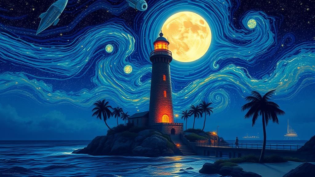 Steampunk Lighthouse Under Starry Night Sky