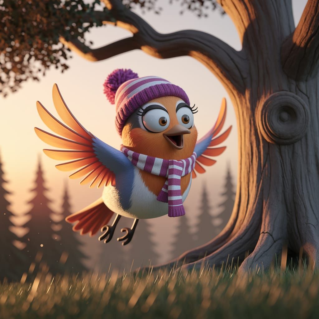 Whimsical Robin Bird in Tuque Flies to Oak Tree