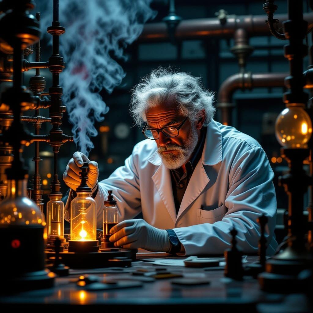 Scientist on the Brink of Madness in Dieselpunk Laboratory