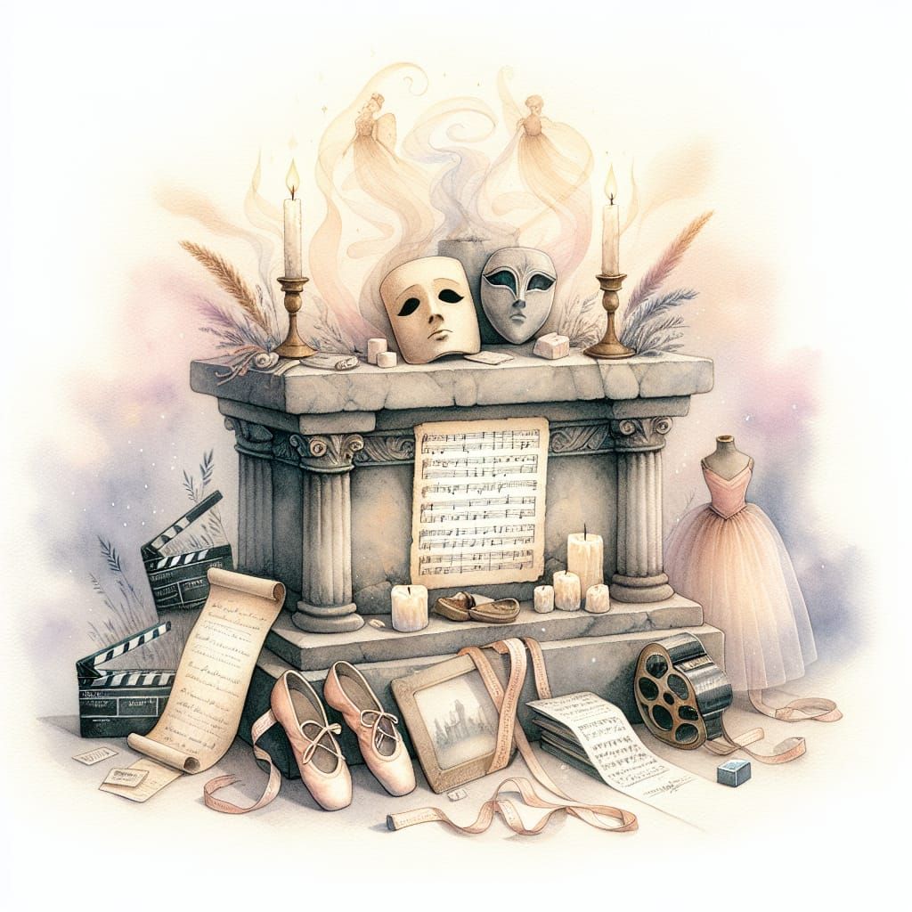 Whimsical Shrine to Muses in Watercolor Style