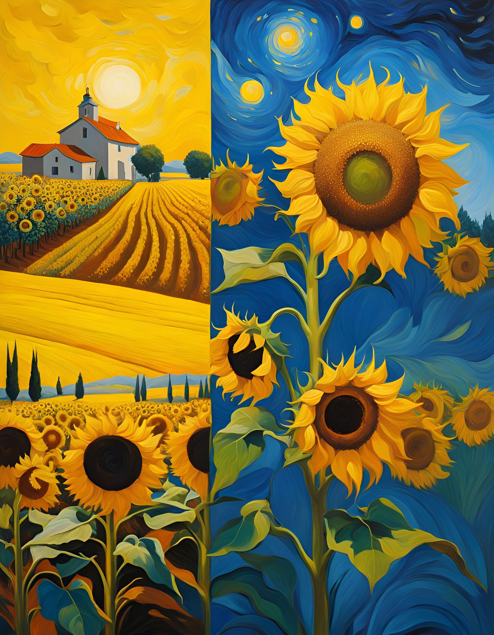Surreal Impressionistic Sunflower People Landscape in Oil