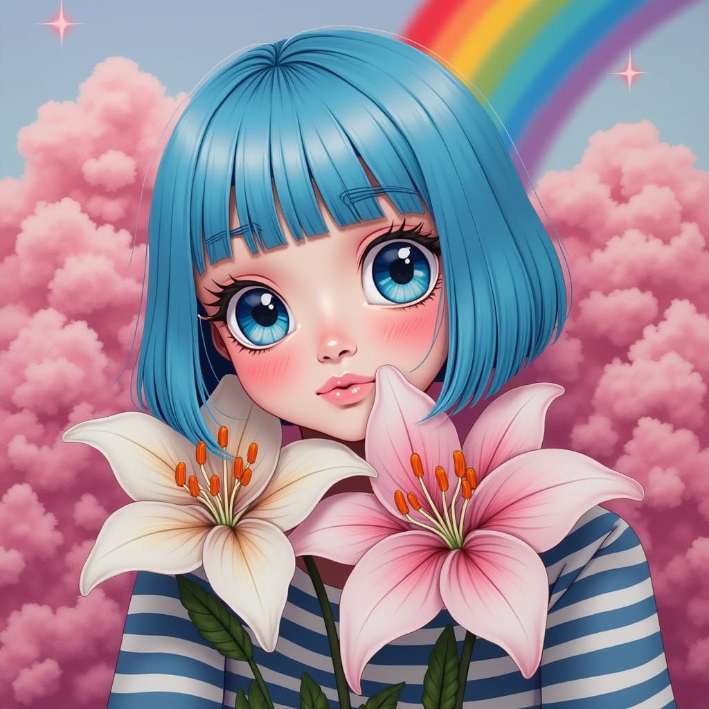 Woman Posing with Giant Lilies in a Rainbow Sky