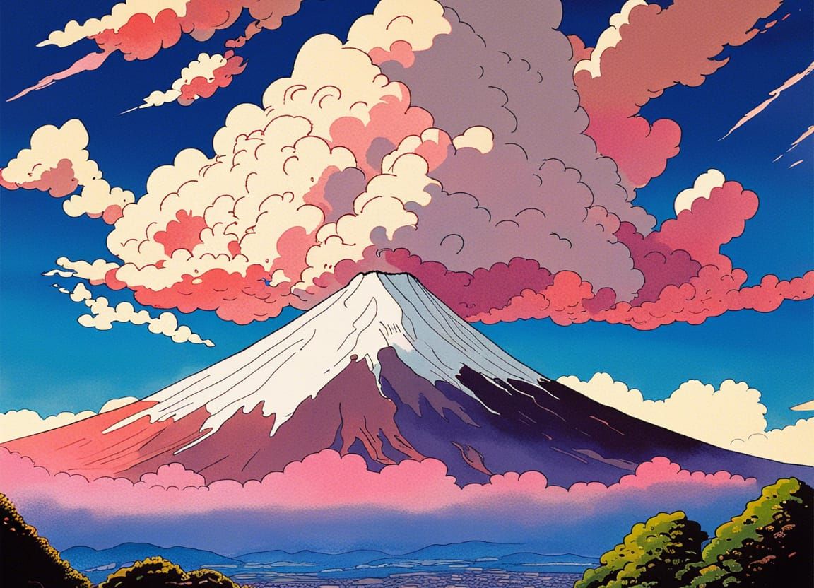 Mount Fuji in Anime Style with Gouache Lighting