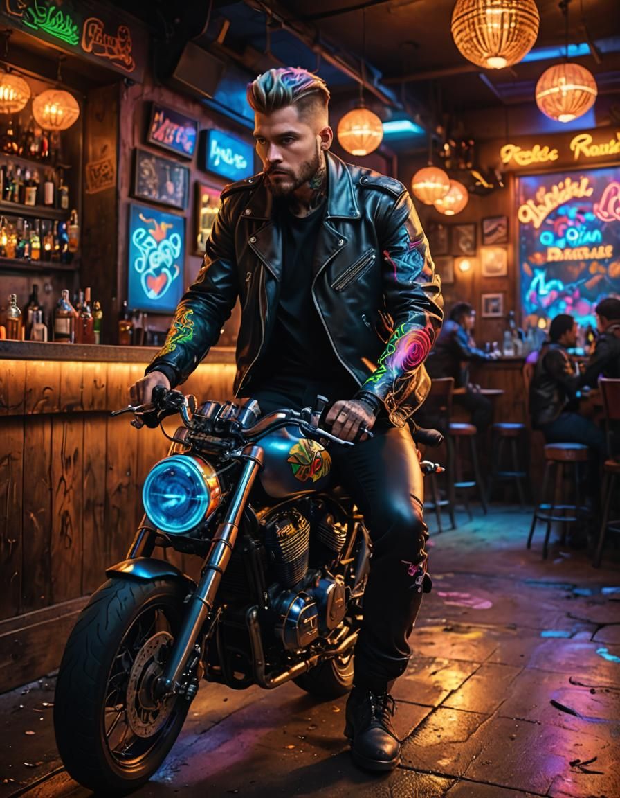 Motorcycle Rider with Rainbow Tattoos in Matte Painting Styl...