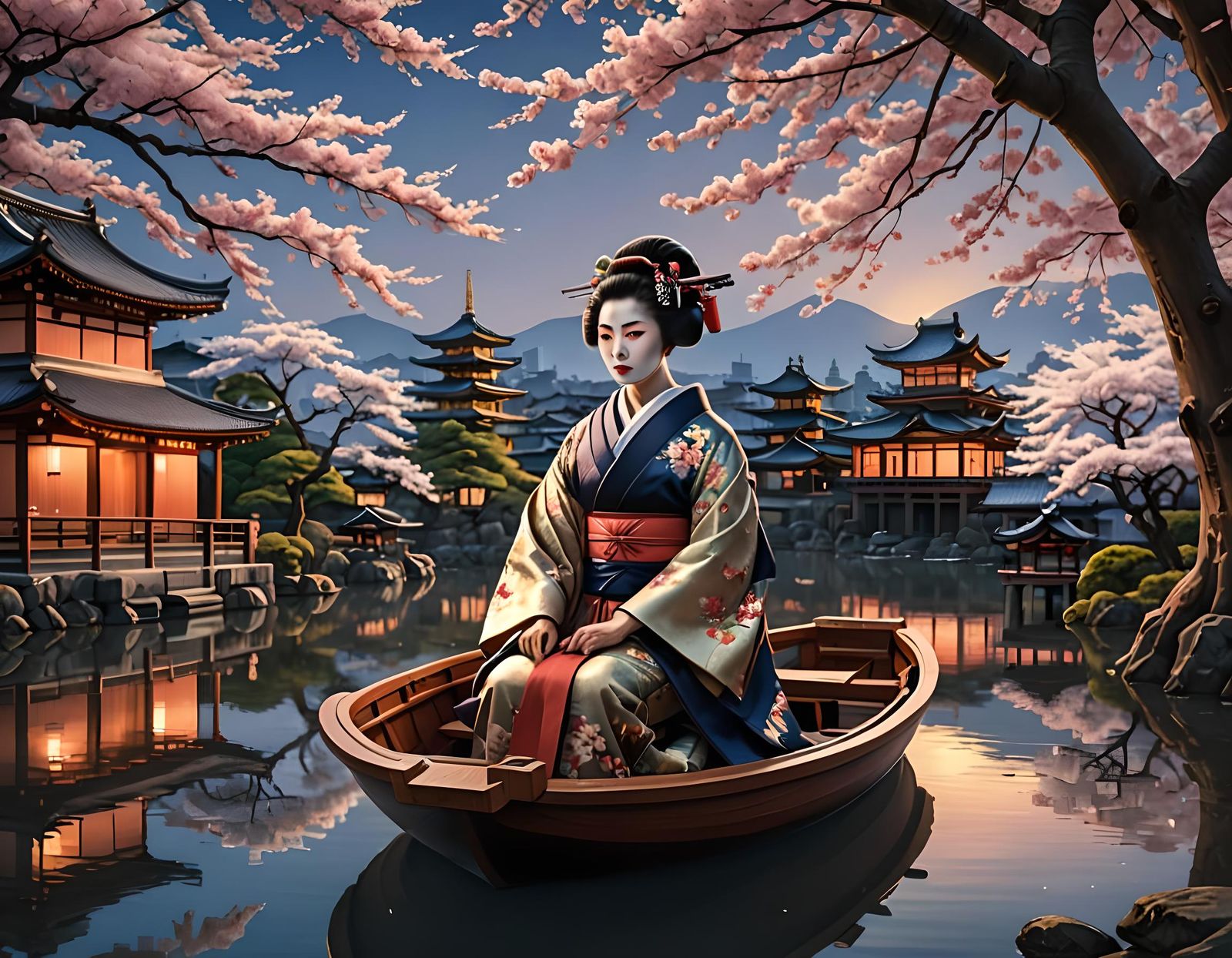 Geisha and Samurai on River at Sunset