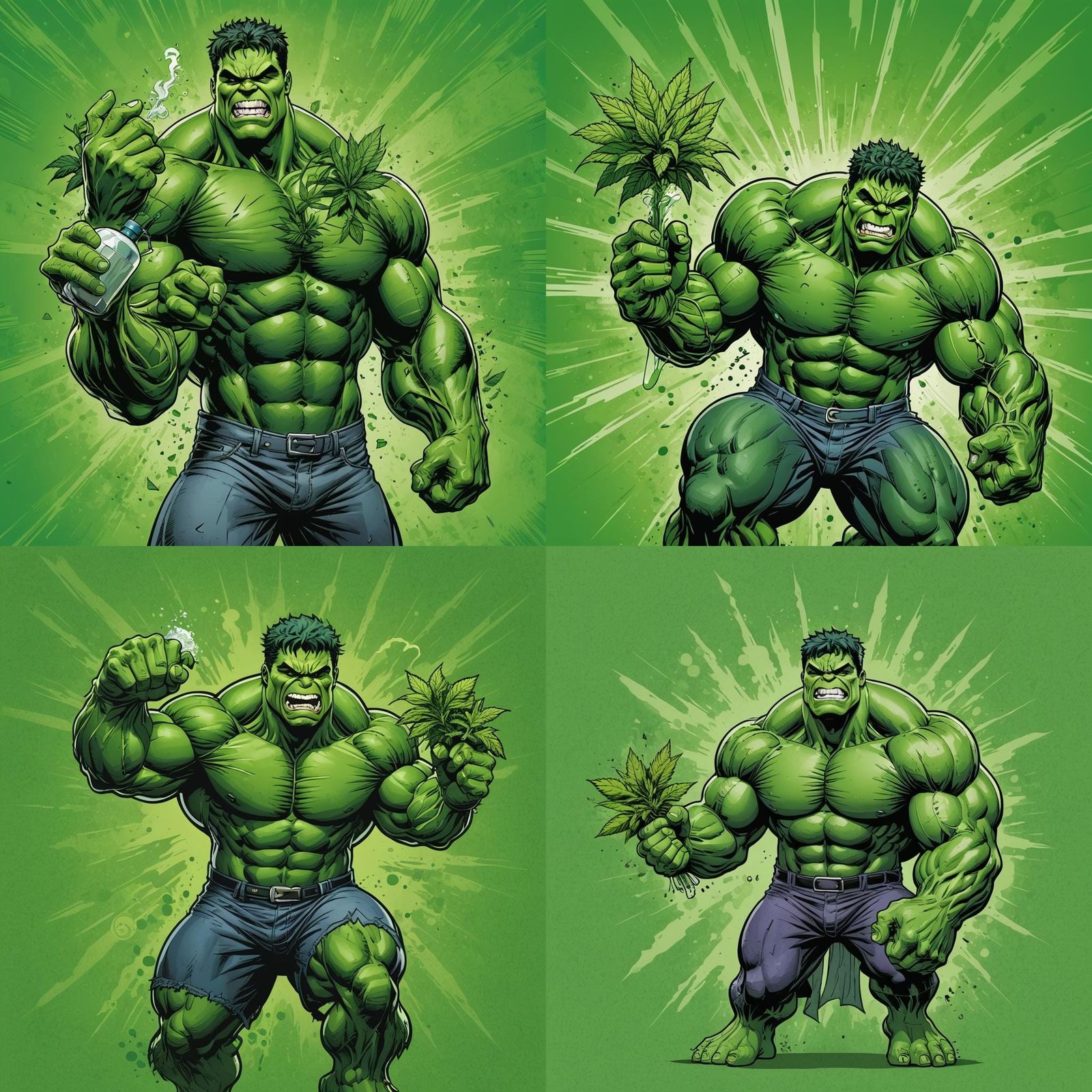 Hulk Sprays Cannabis Plant in Marvel Comics Style