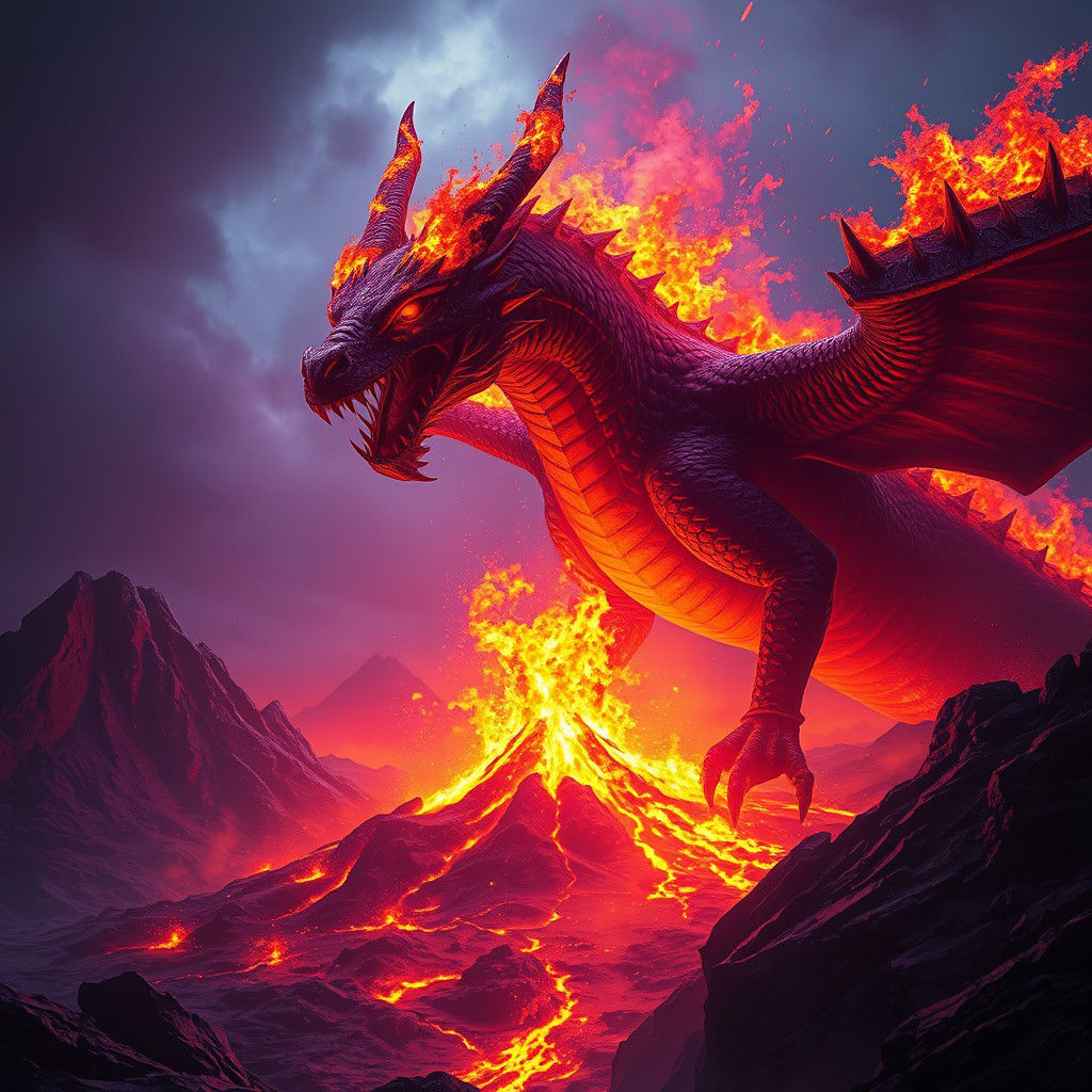 Fire Dragon Erupting Volcano: Dark Fantasy Art