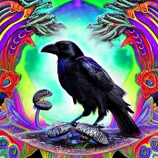 Psychedelic Crow with Third Eye and Mushrooms