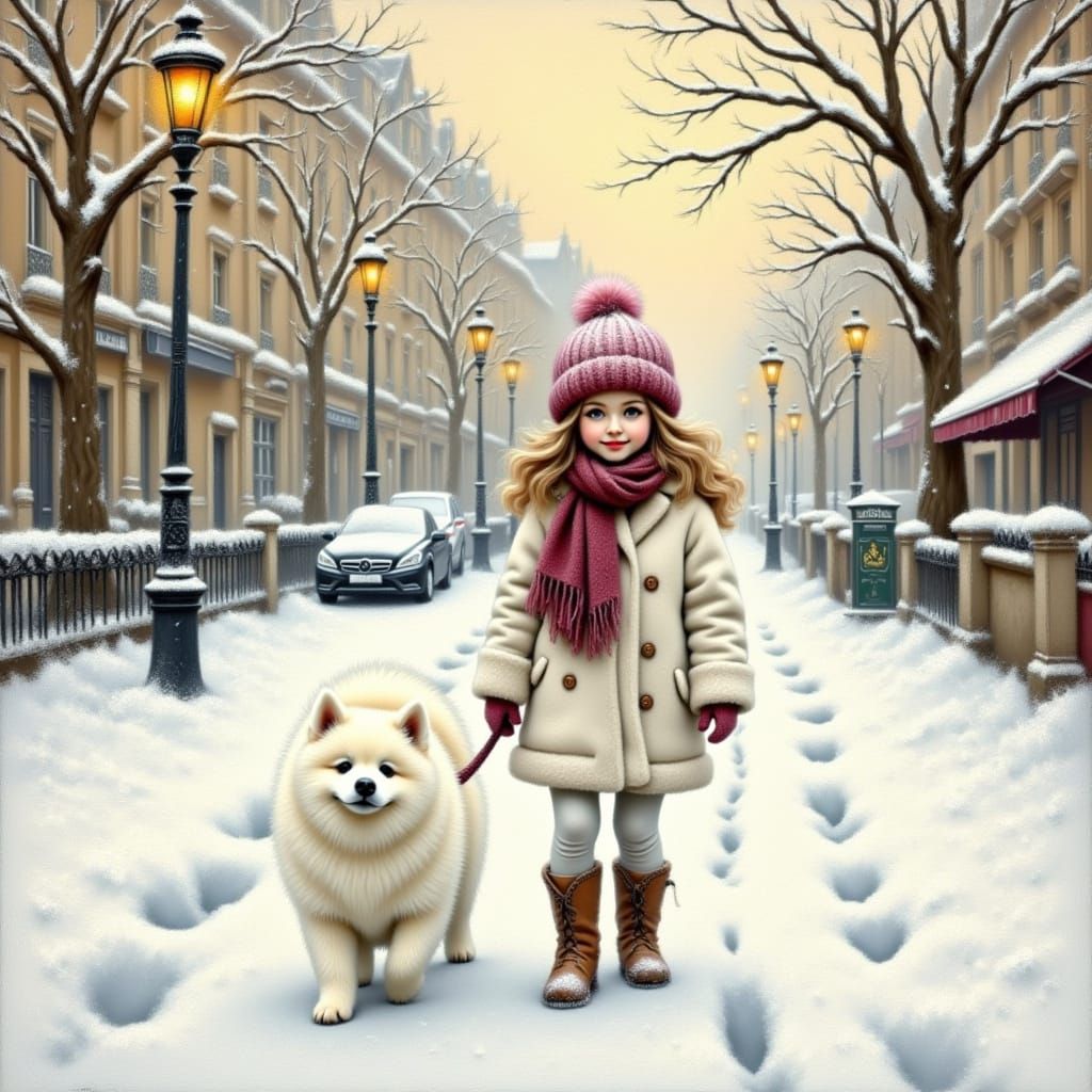 Impressionist Painting of Girl and Dog in Snowy Paris