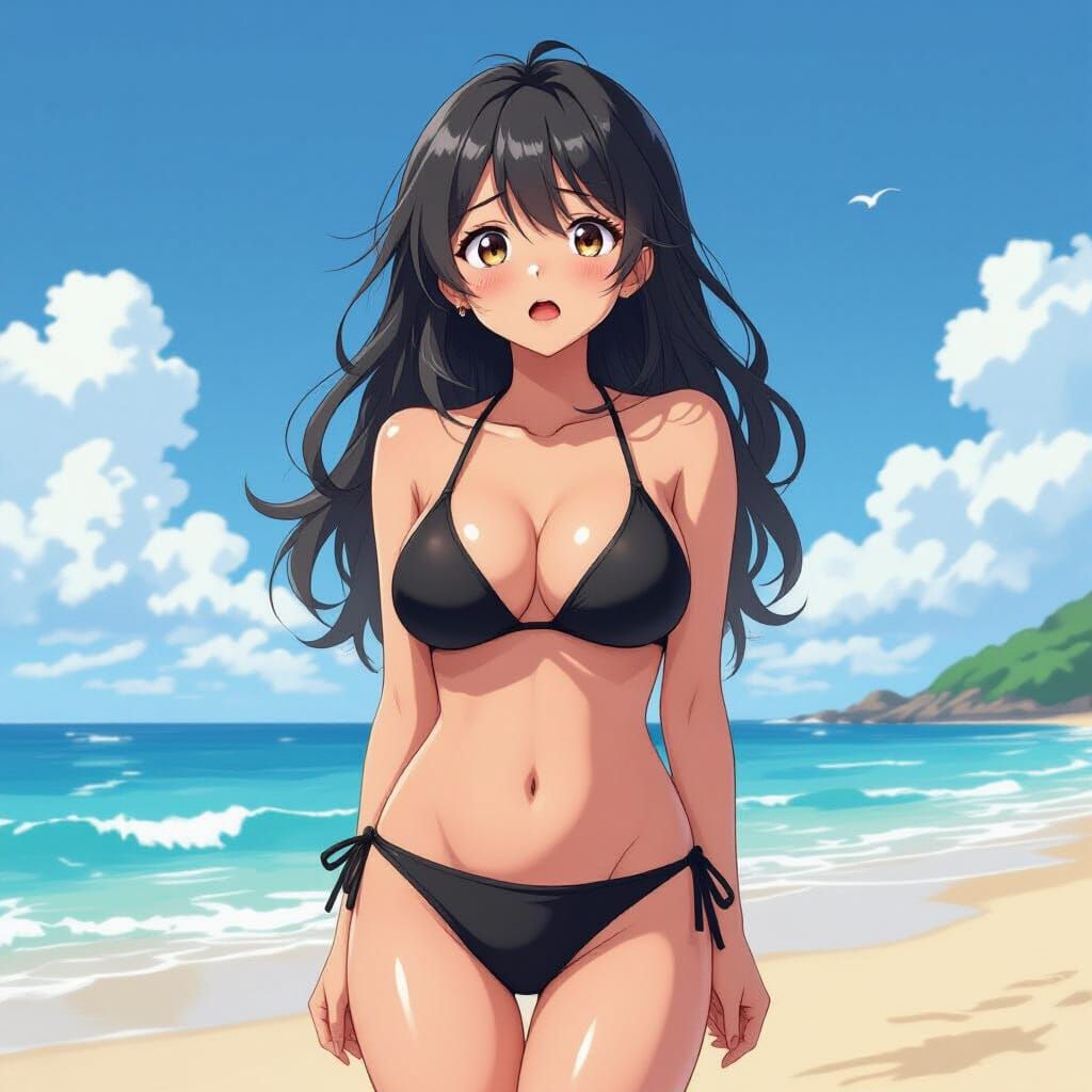 Anime Girl on Beach with Exaggerated Features