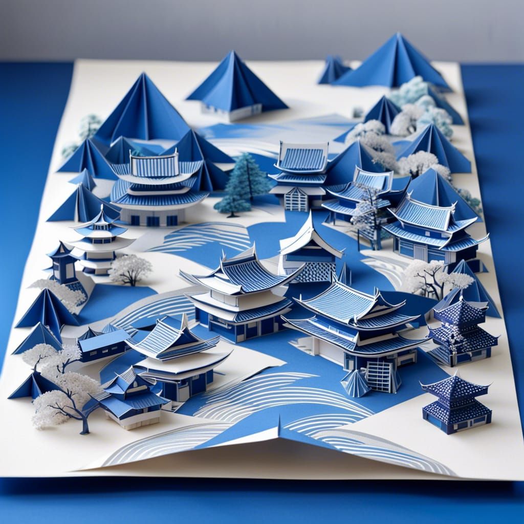 Origami Japanese City in Ukiyo-e Style