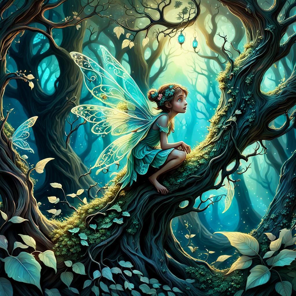 Mischievous Fairy Hiding in Enchanted Forest Branches