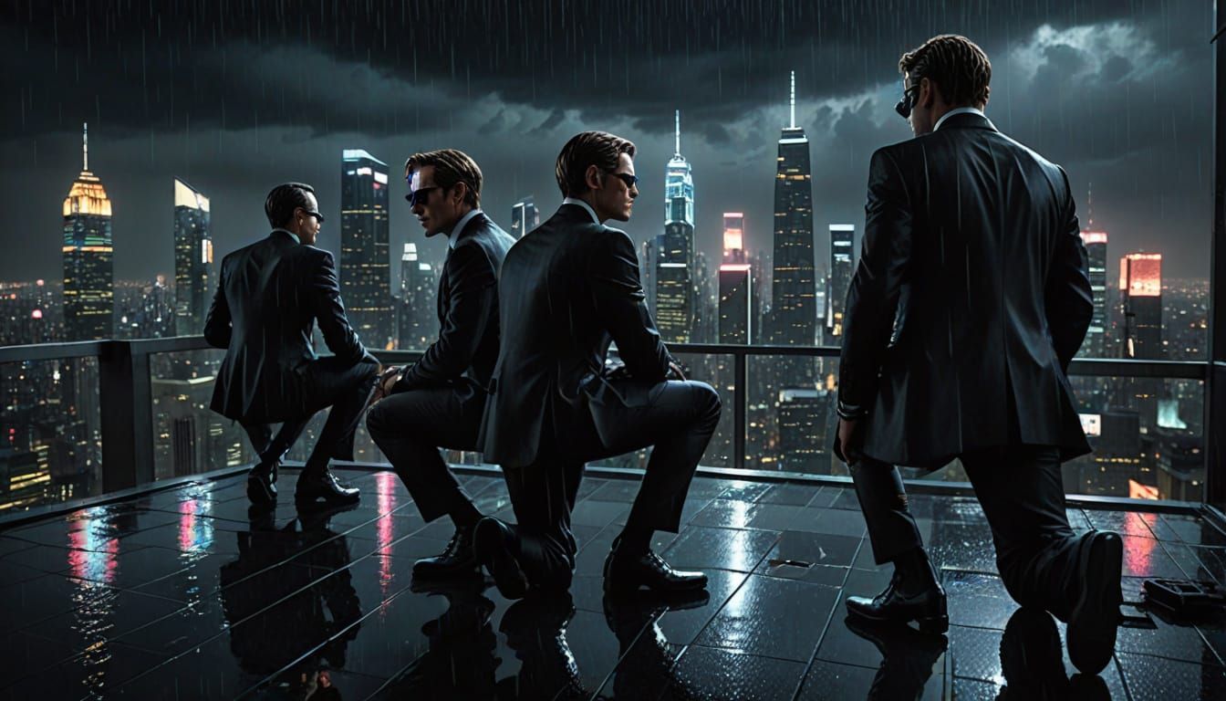 MIB Agents Track UFOs on Rainy Midnight Rooftop