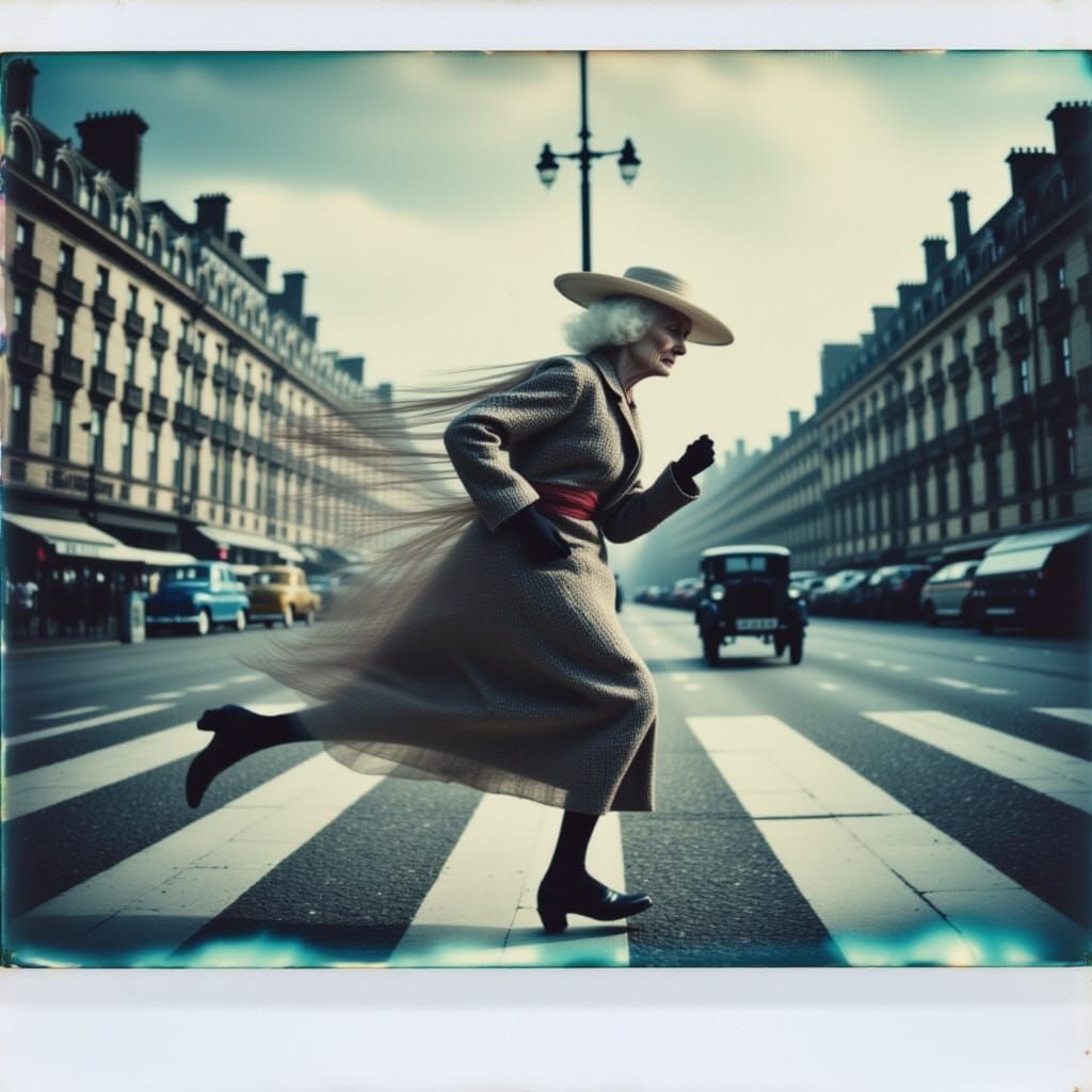 Elderly Woman Running in a Vintage City Scene