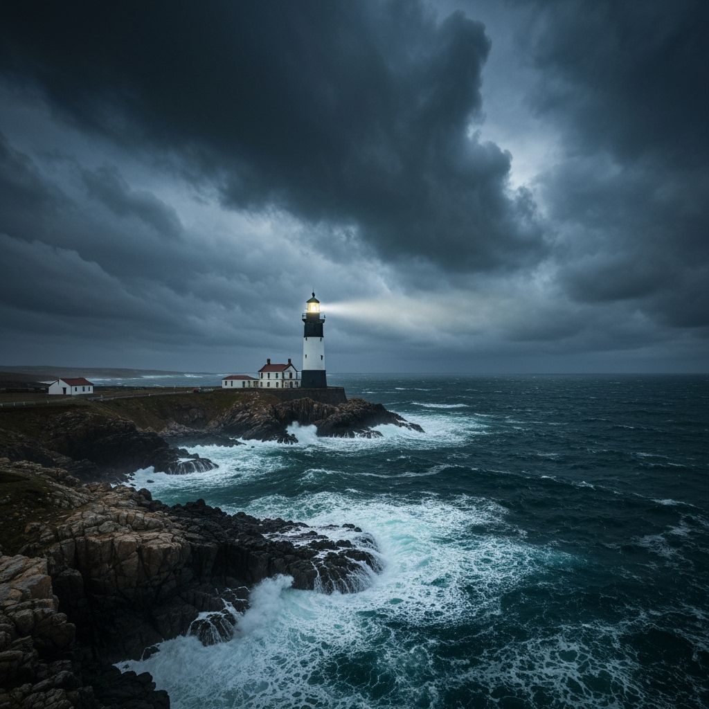 Lighthouse Shines Amidst Craggy Rocks and Raging Ocean