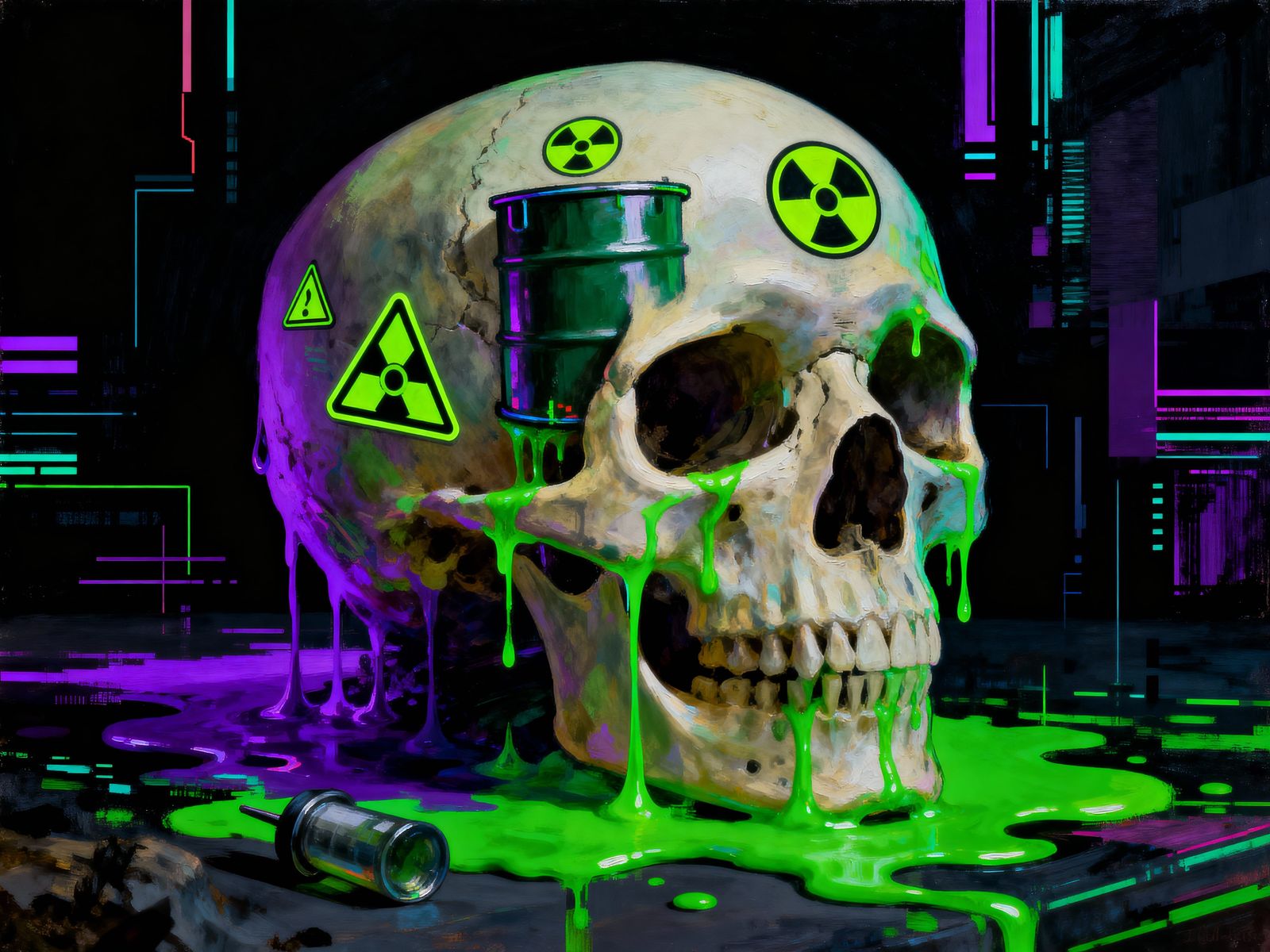 Glitchcore Skull Painting with Neon Toxic Symbols