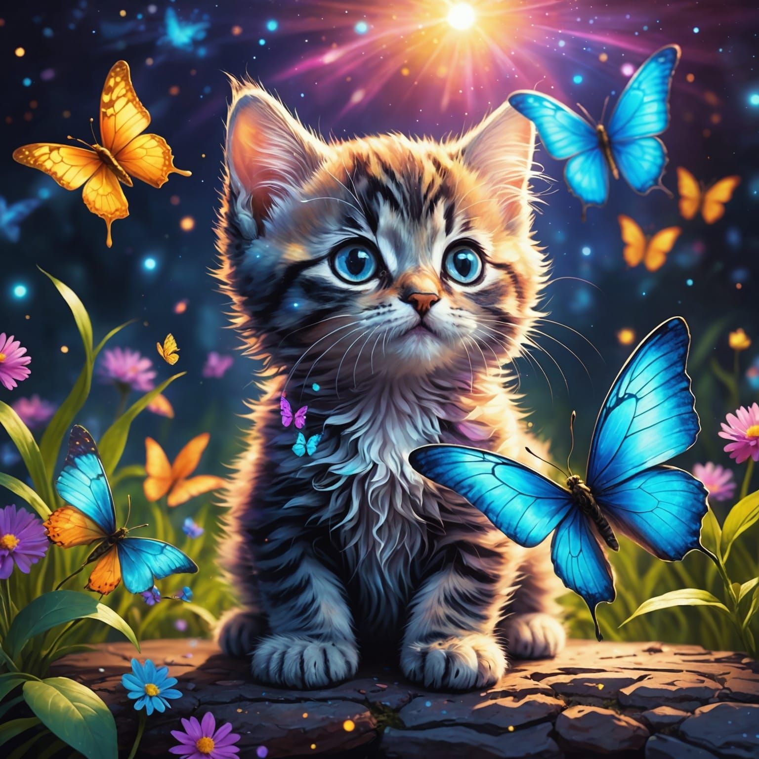 Cute Kitten Playing with Butterfly in Cosmic Style