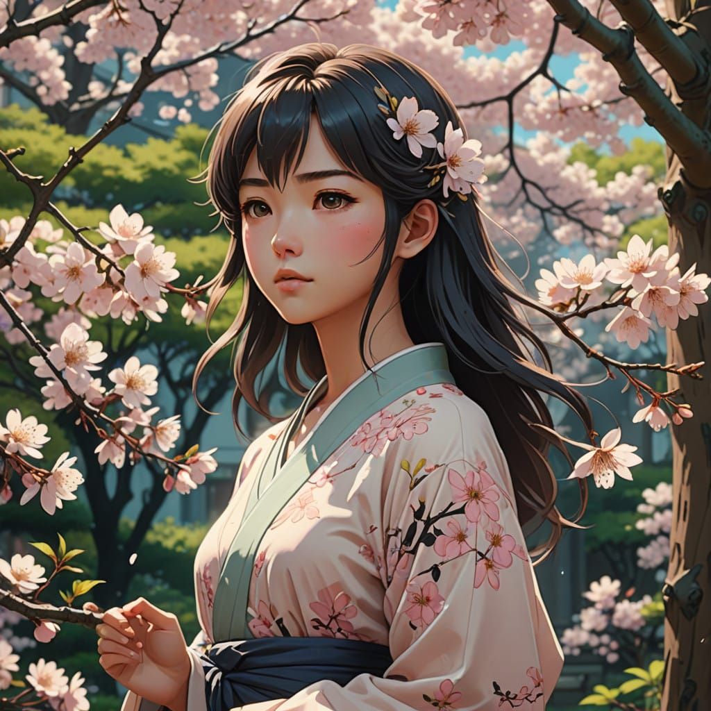 Surreal Anime Girl Adorns Cherry Blossom Garden