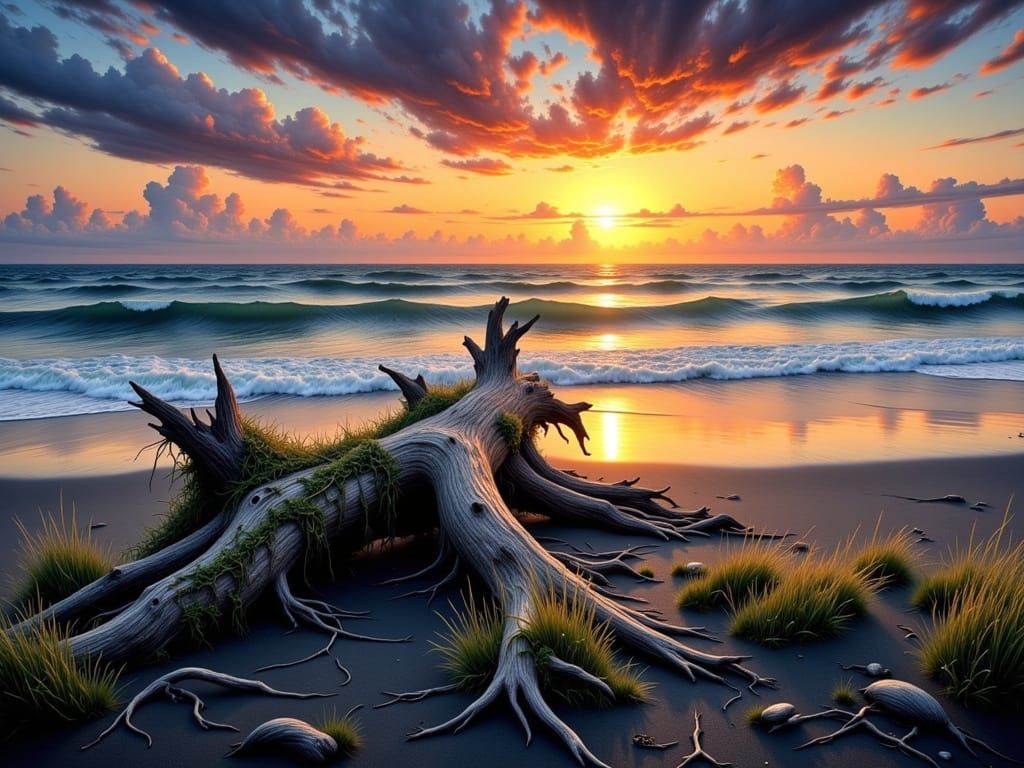 Driftwood Log on Beach at Dusk in Folk Art Style