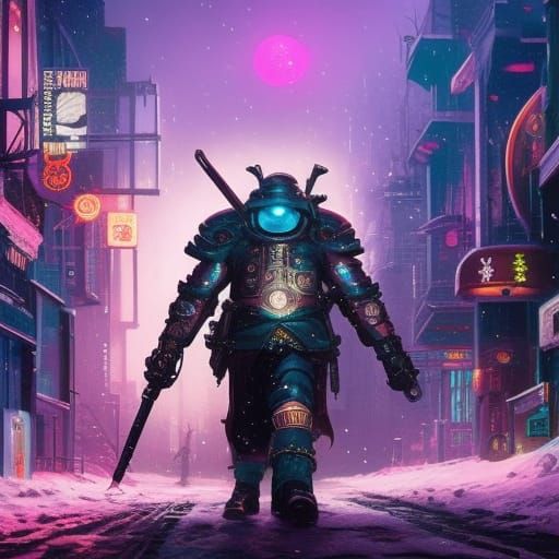 Bioluminescent Mech Samurai on Snowy City Street