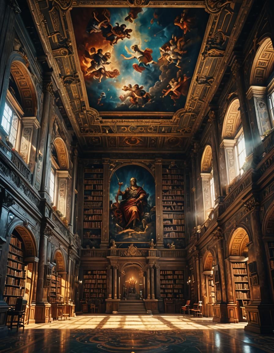 Epic Ancient Roman Library with God Painting