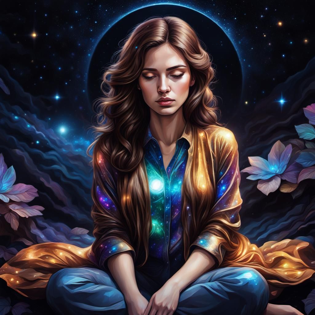 Sad Girl Sleeping: Holographic Astral Illustration