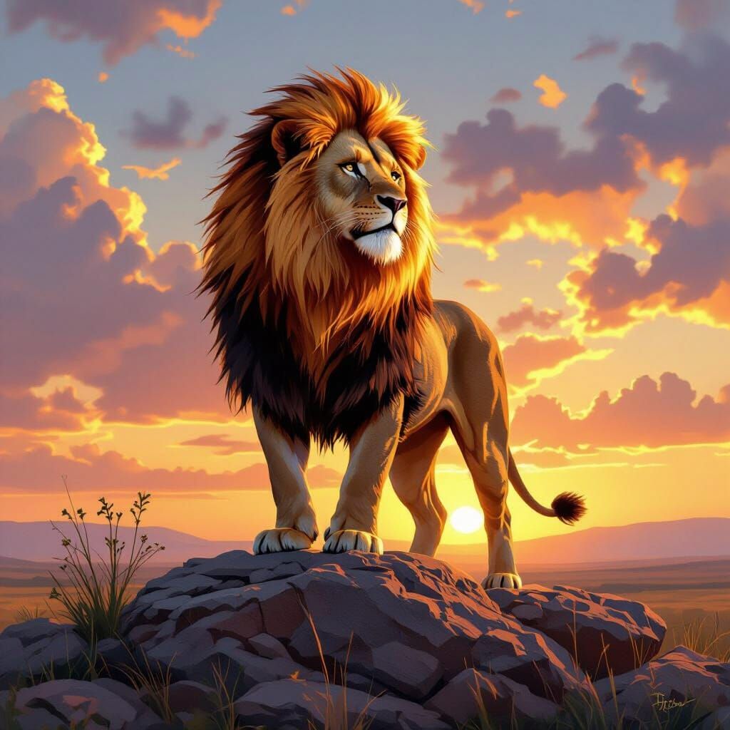 Flaming Lion on Savannah Outcrop in Hyperrealistic Style