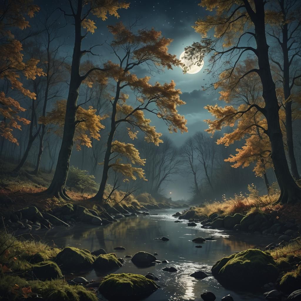 Moonlit Autumn Forest at Night: Photorealistic Digital Art