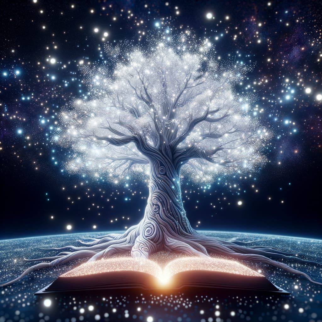 Glowing White Tree of Life with Book