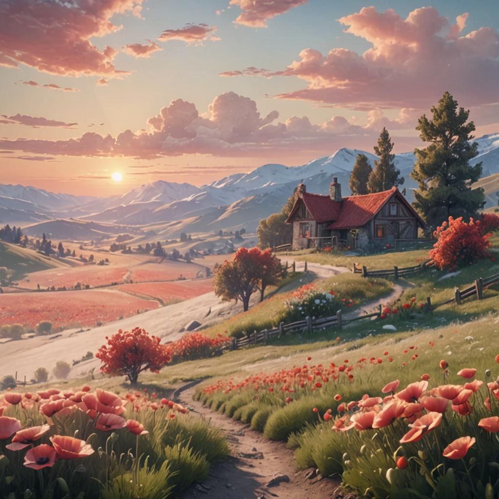 Poppy Field in Snowy Landscape: 3D Digital Art