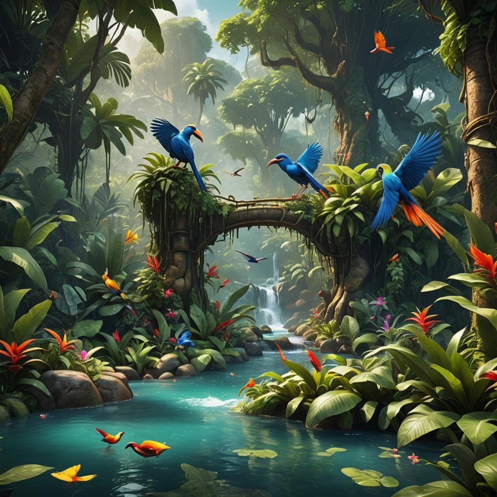 Exotic Birds on Jungle River: Fantasy Concept Art