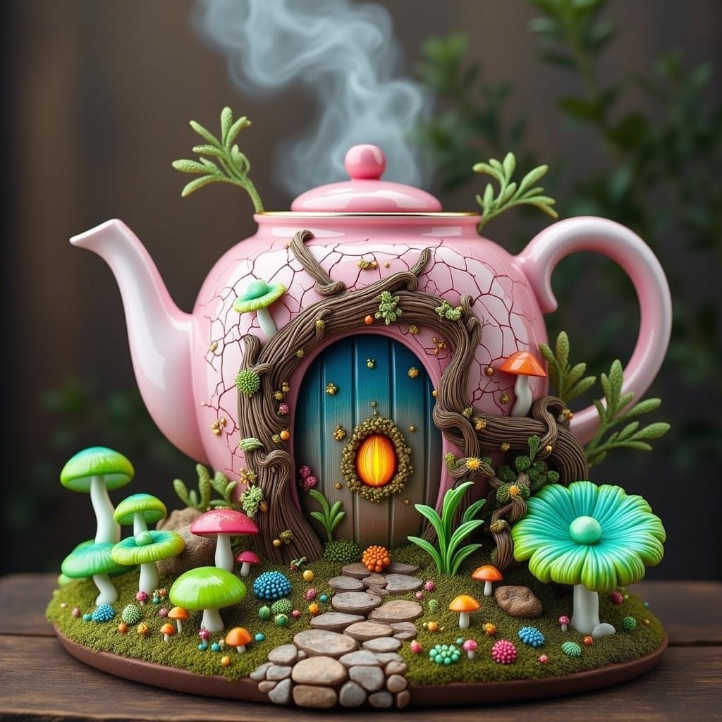 Sentient Teapot Over Whimsical Forest