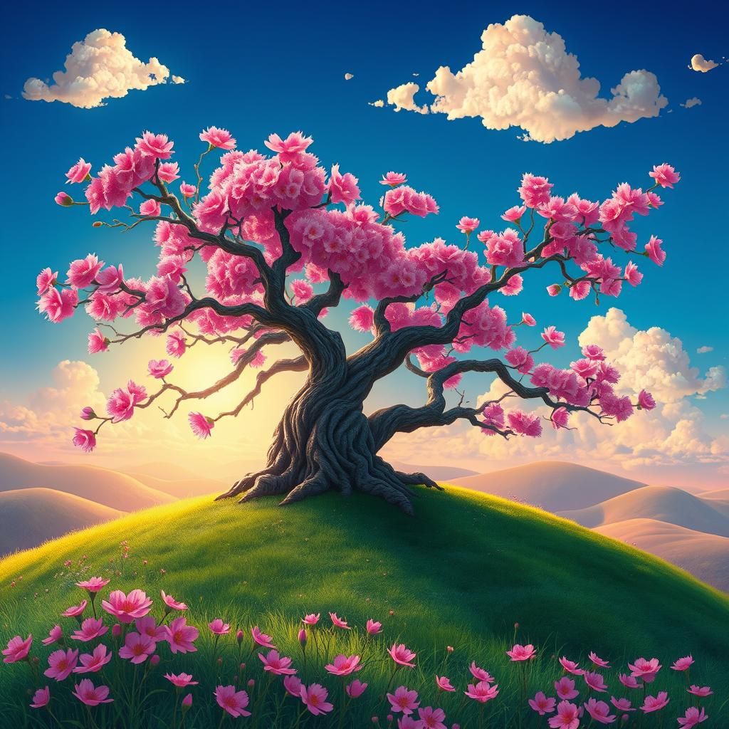 Blossoming Tree on Emerald Hill: Fantasy Art
