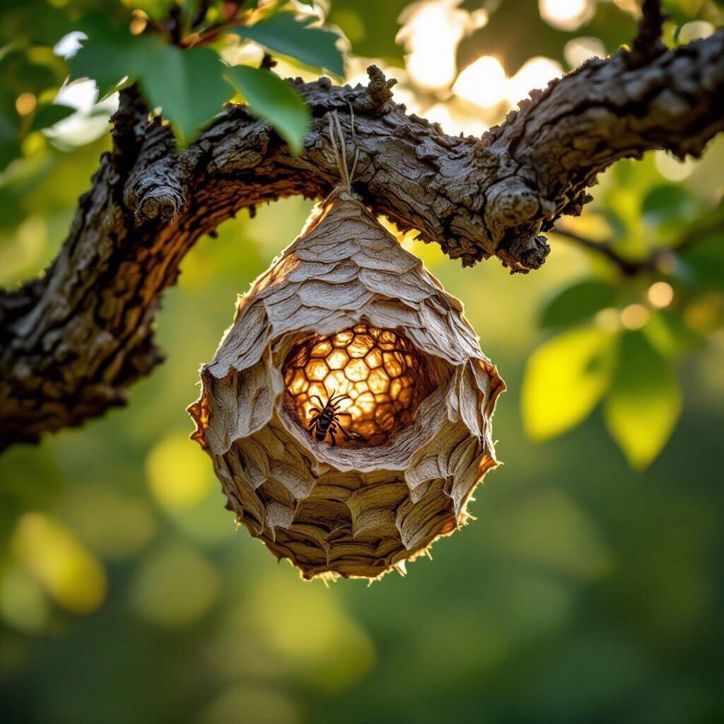 Macro Photo of Intricate Wasp Nest on Oak Branch