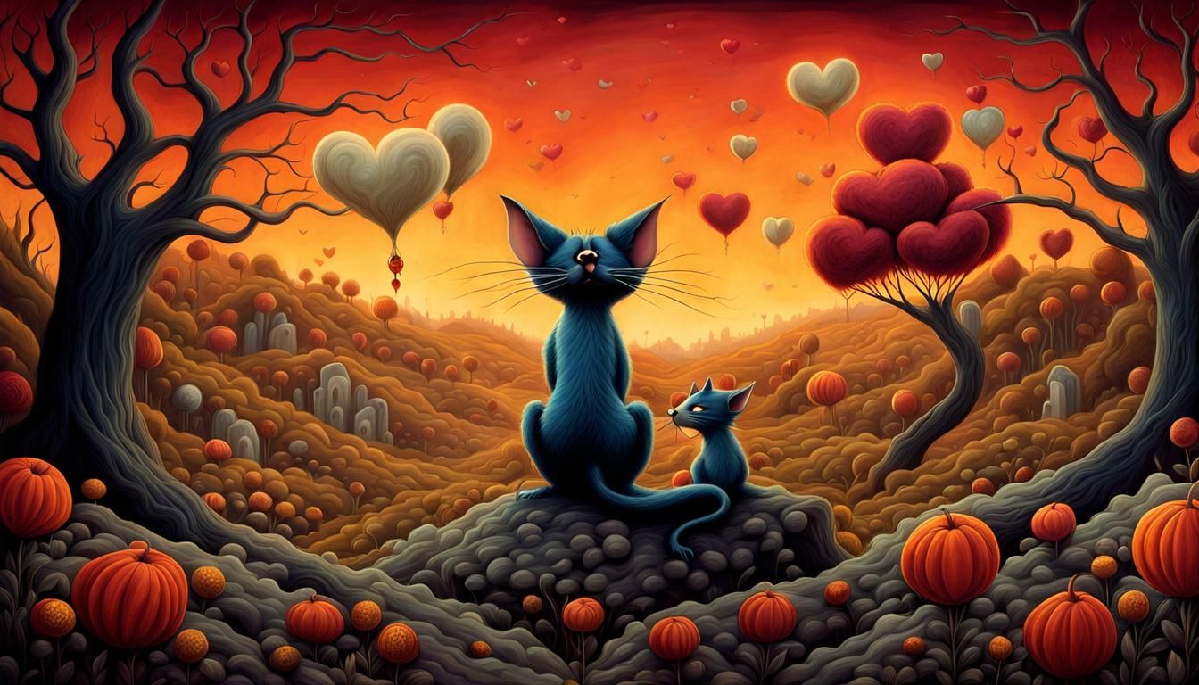 Whimsical Feline Frenzy in Abandoned Surreal Landscape