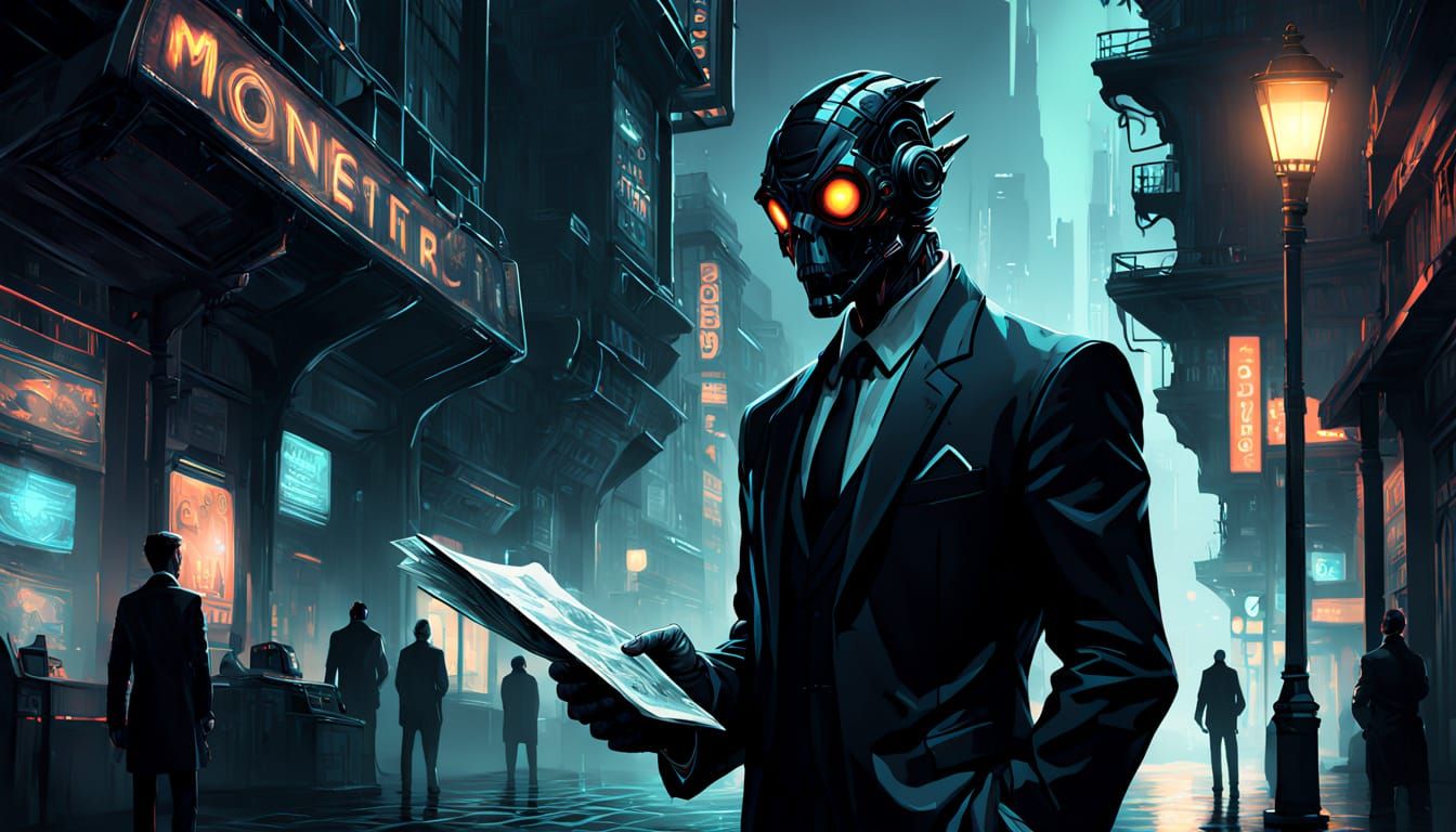 Cyberpunk Monster Tourist Under Streetlamp, Men in Black Age...
