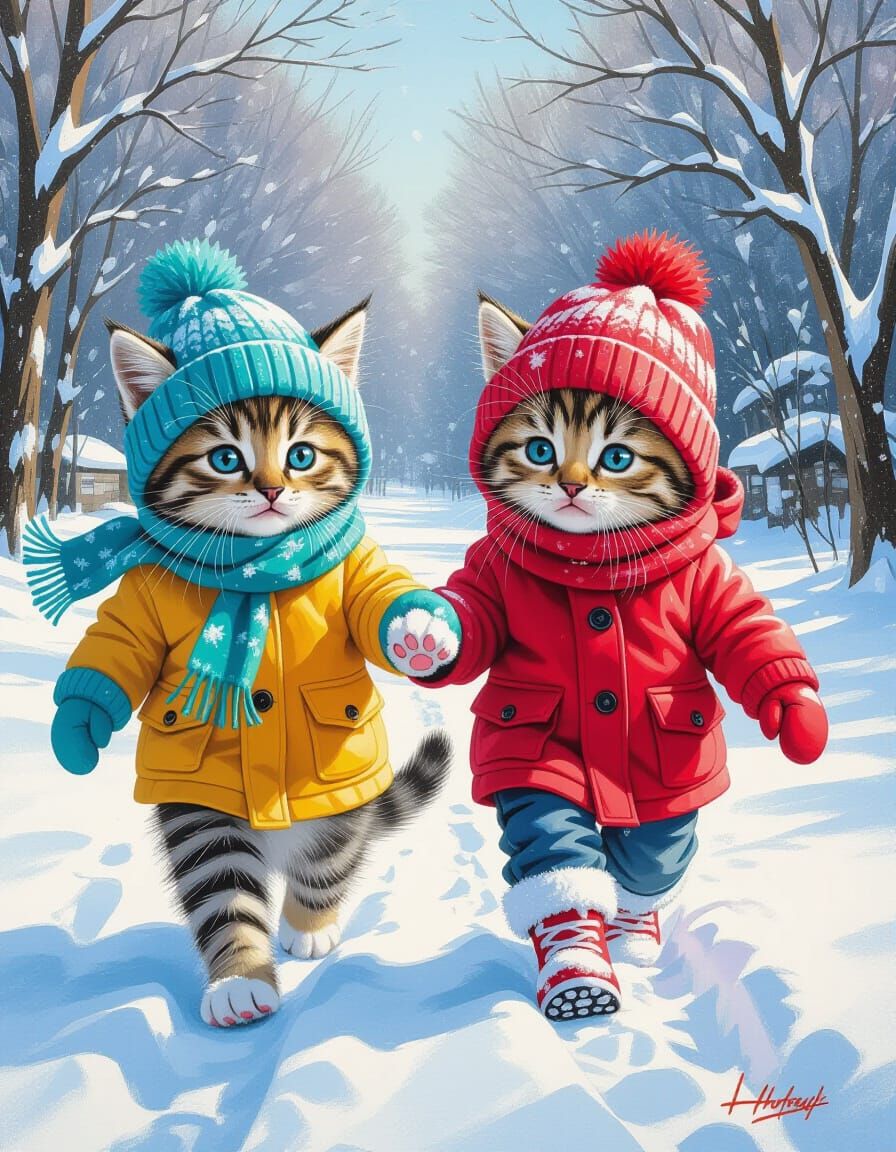 Adorable Kittens Walking in Snow in Comic Art Style